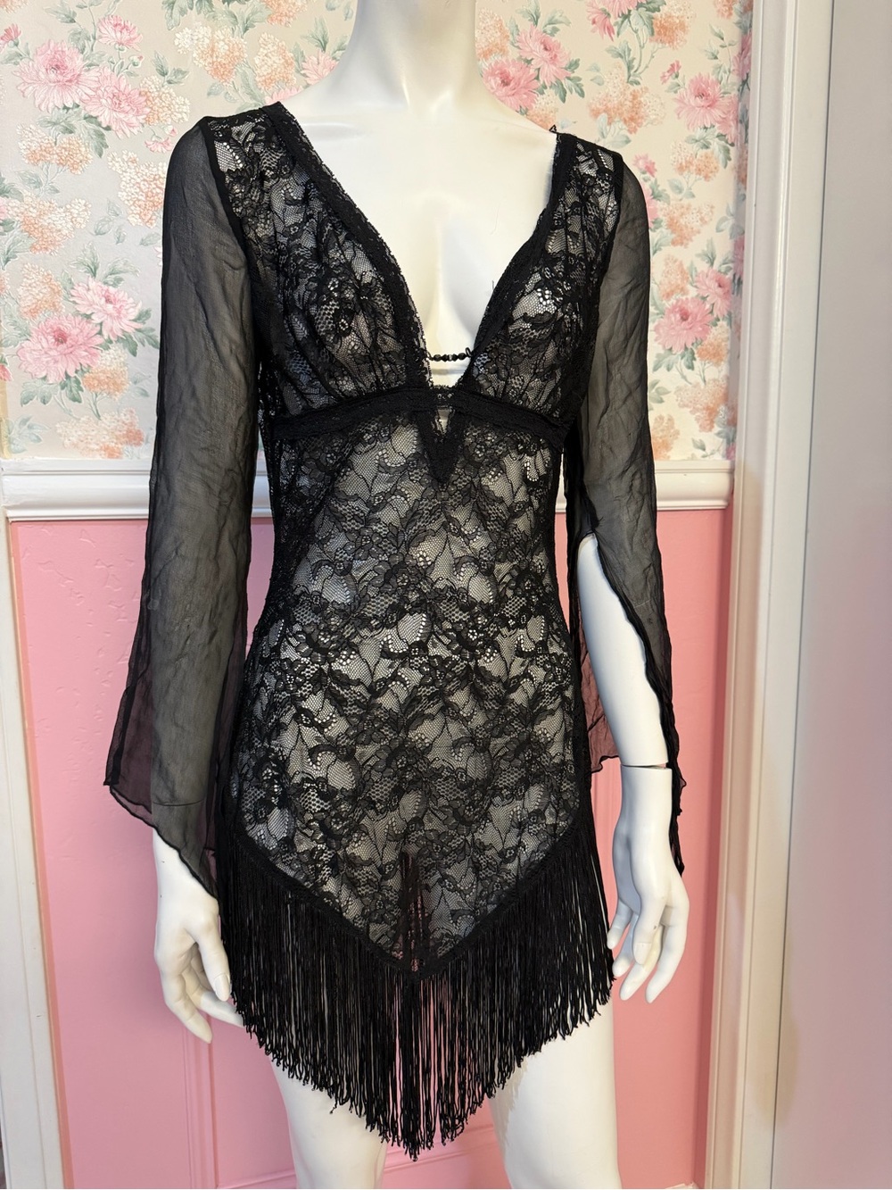 Y2K silk bebe Black Lace Fringe Sheer Tunic Chemise